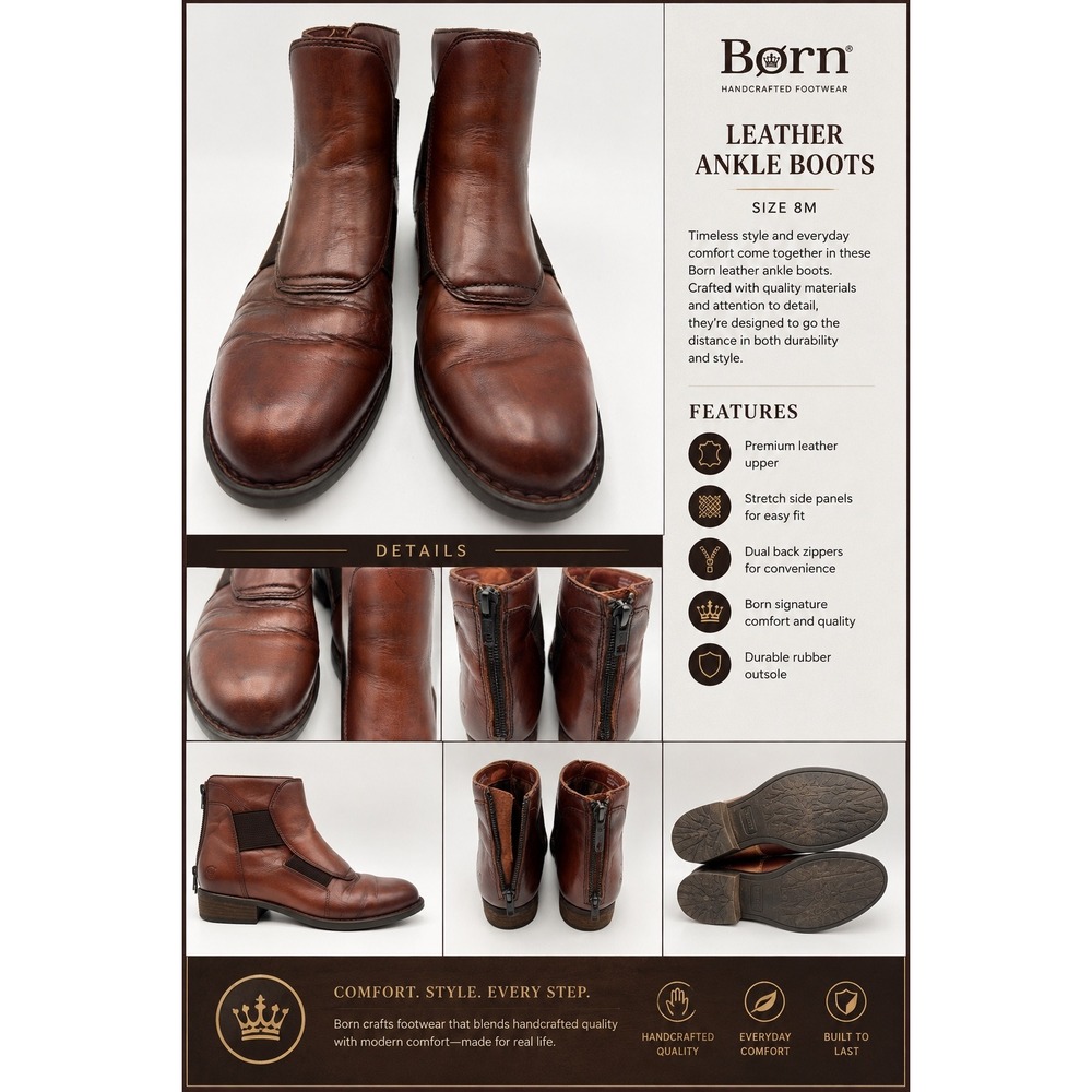 Born Mens Brown Leather Rear Zip Ankle Boots Round Toe Gored Booties